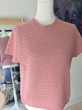 Vince Dusty Pink Crochet Short-Sleeve Knit Top